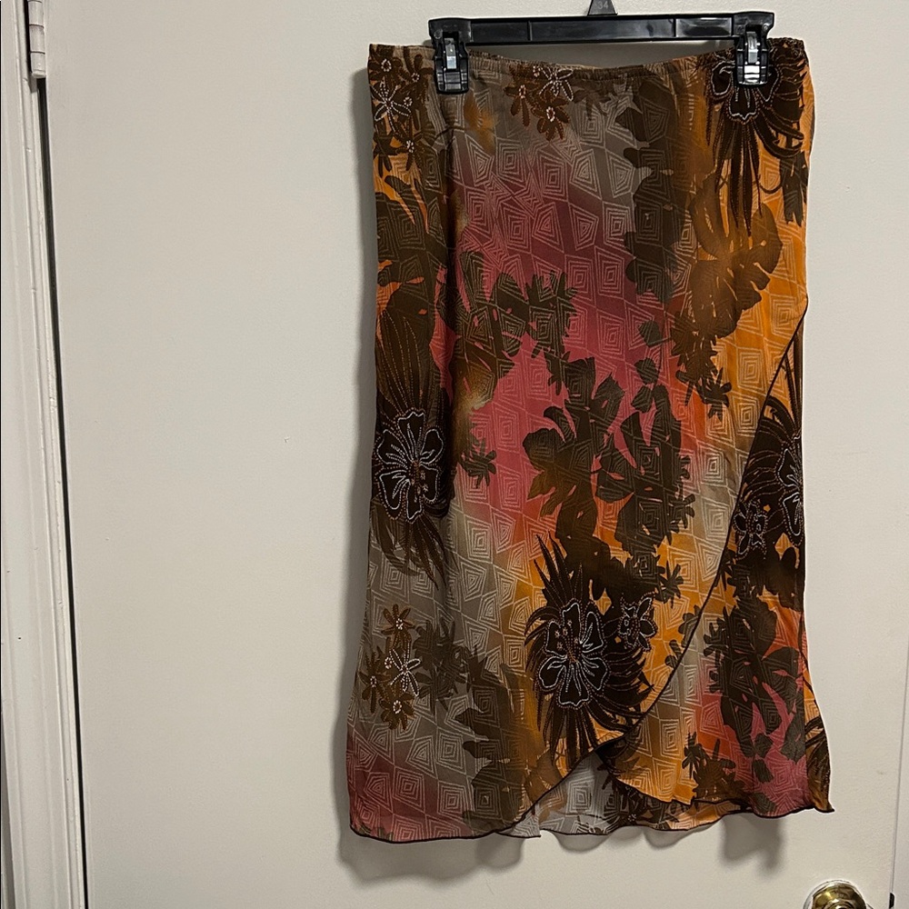 Asymmetrical Floral Skirt - Brown and Pink